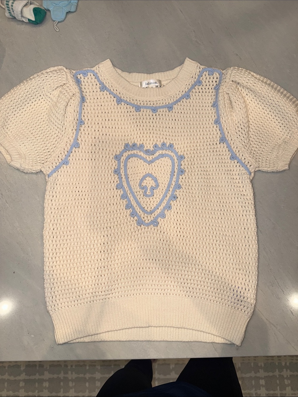 Lalavon Heart Embroidered Puff Sleeve Knit Top